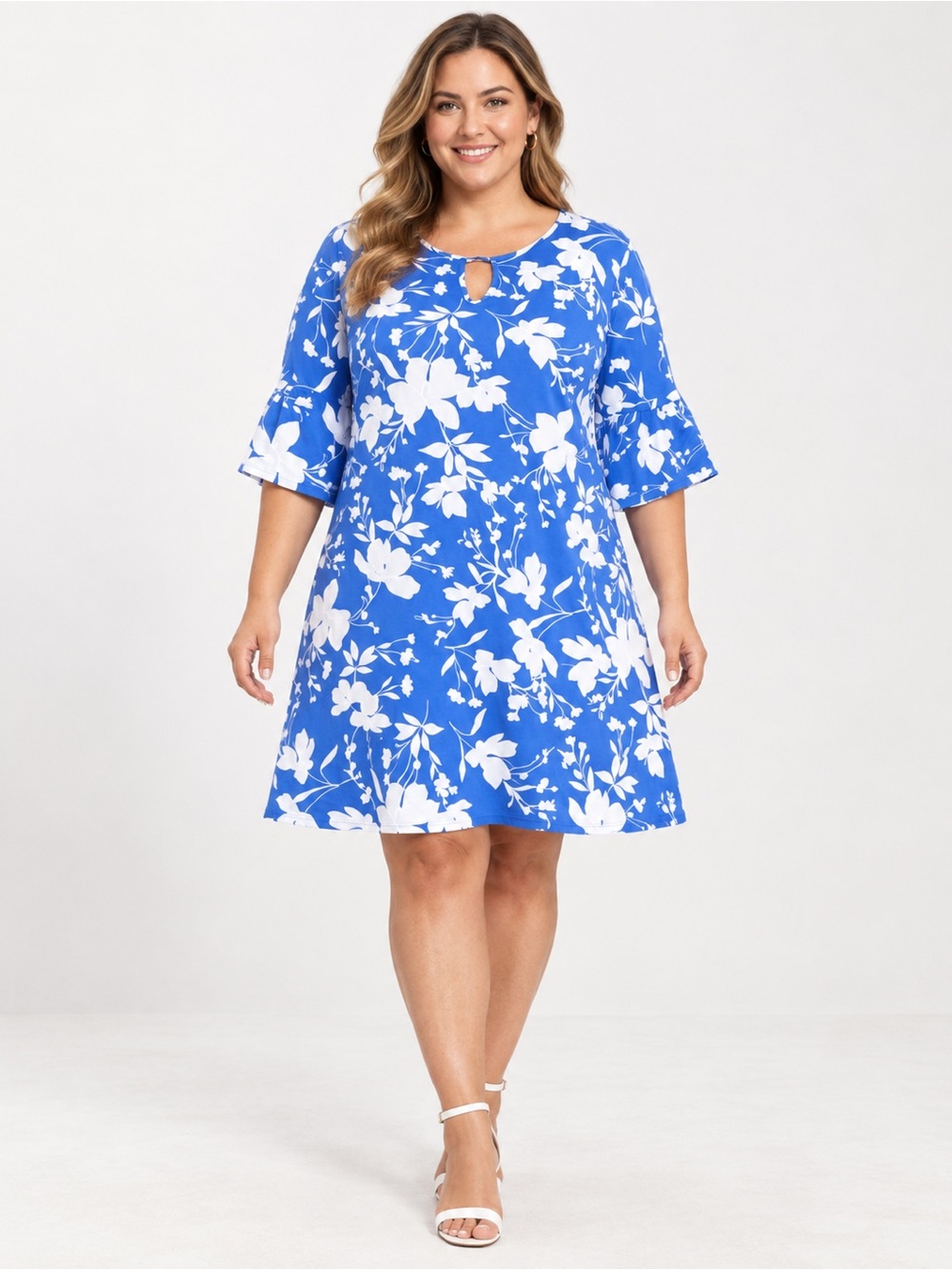 NWT Ruby Rd. Blue White Floral Dress Keyhole Neck Casual Summer XL Costal Breezy